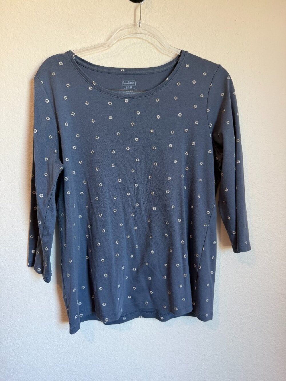 LL Bean Pima Cotton Shaped Jewelneck Tee, Three-Quarter-Sleeve Print Blue Floral